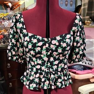 Zara Floral Black Puff Sleeve Top Med Nwt